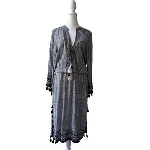 Cool Change Black White Tassel Boho Midi Dress Small Rayon Resort Beach Vacation